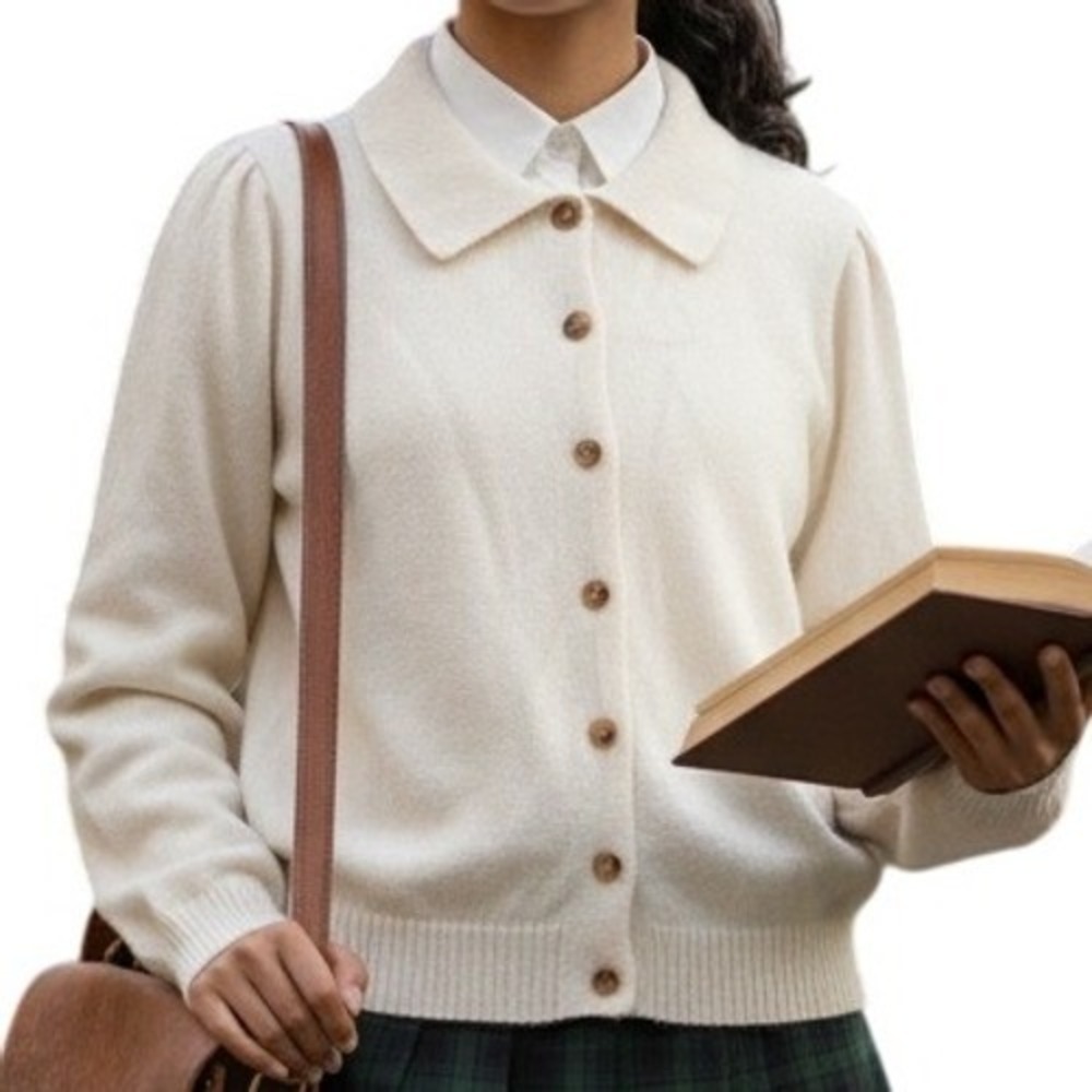 Brandy Melville Cardigan One Size Cream Wool Blend Collared Button Up Preppy - Picture 2 of 7